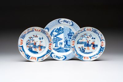 A Chinese blue and white dish and two Imari-style plates with figural design, Chenghua mark, Kangxi/Yongzheng
