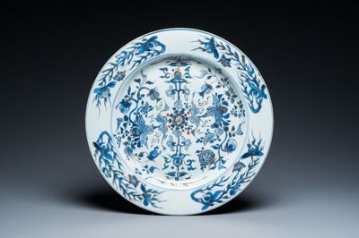 A Chinese blue and white dish with applied gilt and iron-red accents, Yongzheng