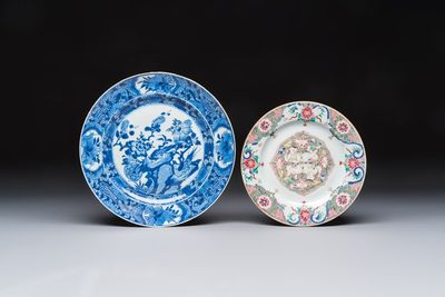 A Chinese blue and white dish with floral design and a famille rose 'HeHe Erxian' plate, Kangxi/Yongzheng
