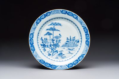 A Chinese blue and white dish with landscape design, Qianlong