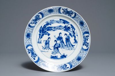 A Chinese blue and white dish with long Eliza playing music, Kangxi
