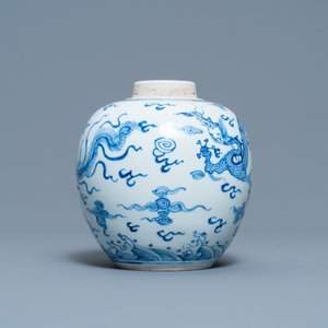 A Chinese blue and white 'dragon and phoenix' jar with wooden lid, Chenghua mark, Kangxi — photo 5