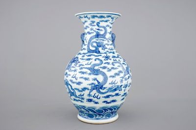 A Chinese blue and white dragon vase with elephant handles, 19th/20th C