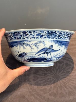 A Chinese blue and white 'duck pond' bowl, Chenghua mark, Kangxi — photo 3