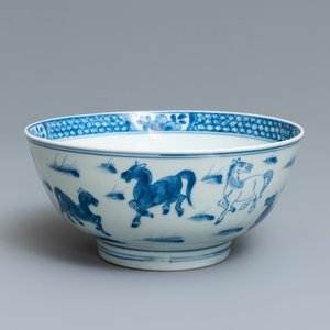 A Chinese blue and white 'Eight horses of general Mu Wang' bowl, Yongle mark, Kangxi — 照片 1