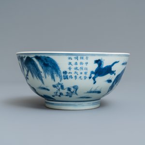 A Chinese blue and white 'Eight horses of general Mu Wang' bowl, Yongle mark, Kangxi — 照片 4