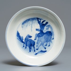 A Chinese blue and white 'Eight horses of Wang Mu' plate, Kangxi mark and of the period — photo 1