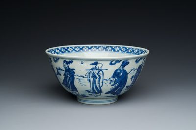 A Chinese blue and white 'Eight immortals' bowl, Wanli mark and of the period