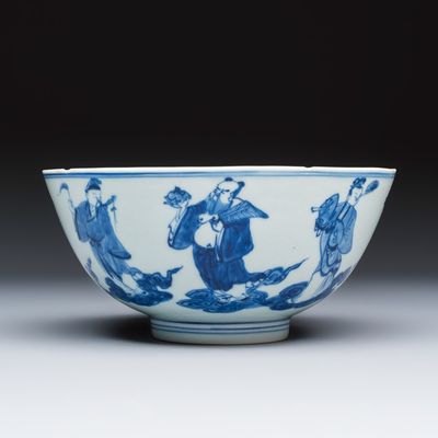 A Chinese blue and white 'Eight Immortals' bowl, Qianlong mark and of the period