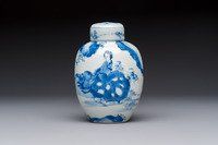 A Chinese blue and white 'Elegant Beauties' tea caddy and cover, artemisia leaf mark, Kangxi
