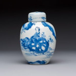 A Chinese blue and white 'Elegant Beauties' tea caddy and cover, artemisia leaf mark, Kangxi — photo 1
