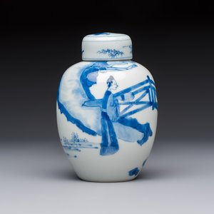 A Chinese blue and white 'Elegant Beauties' tea caddy and cover, artemisia leaf mark, Kangxi — photo 3