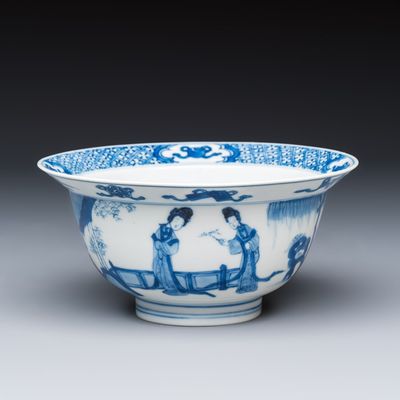 A Chinese blue and white 'Elegant Ladies and Playing Boy' 'Klapmuts' bowl, Chenghua mark, Kangxi
