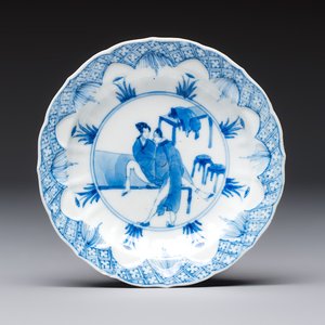 A Chinese blue and white 'Erotic Subject' saucer, Chenghua mark, Kangxi — photo 1