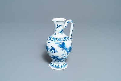 A Chinese blue and white ewer with a scholar being served tea by his servant, Transitional period