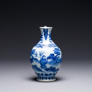 A Chinese blue and white ewer with figures in a landscape, Transitional period — photo 4