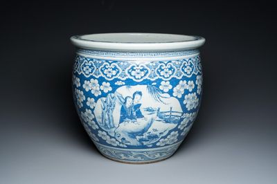 A Chinese blue and white fish bowl with medallions on a prunus-ground, 19th C.