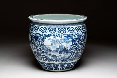 A Chinese blue and white fish bowl with narrative design, 19th C.