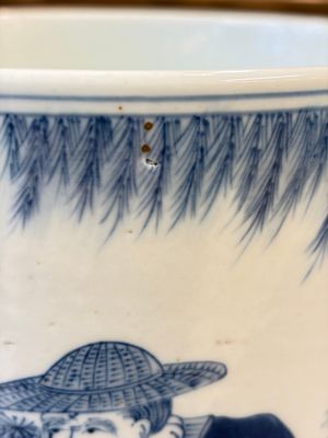 A Chinese blue and white 'Fisherman' brush pot, 20th C. — photo 2