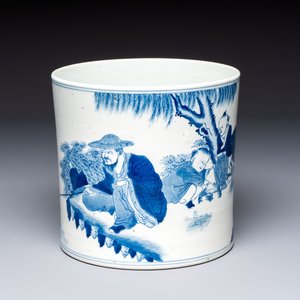 A Chinese blue and white 'Fisherman' brush pot, 20th C. — photo 1