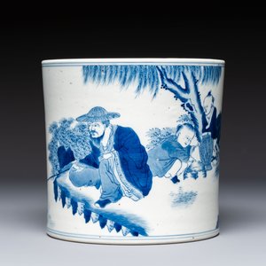 A Chinese blue and white 'Fisherman' brush pot, 20th C. — photo 2