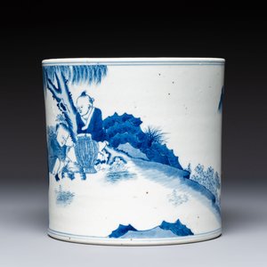 A Chinese blue and white 'Fisherman' brush pot, 20th C. — photo 3