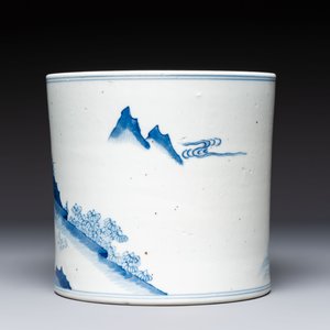 A Chinese blue and white 'Fisherman' brush pot, 20th C. — photo 4