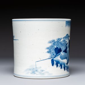 A Chinese blue and white 'Fisherman' brush pot, 20th C. — photo 5