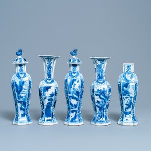 A Chinese blue and white five-piece garniture with boys and ladies, Kangxi — photo 4