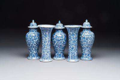A Chinese blue and white five-piece garniture with floral design, Kangxi