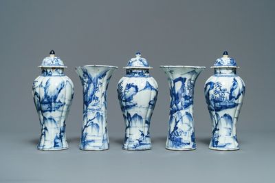 A Chinese blue and white five-piece 'landscape' garniture, Kangxi