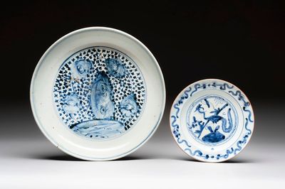 A Chinese blue and white 'floral' dish and a 'phoenix' plate, Ming