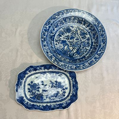 A Chinese blue and white 'Floral' dish and a 'Phoenix' serving dish — photo 1