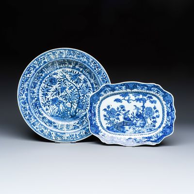 A Chinese blue and white 'Floral' dish and a 'Phoenix' serving dish, Kangxi/Qianlong