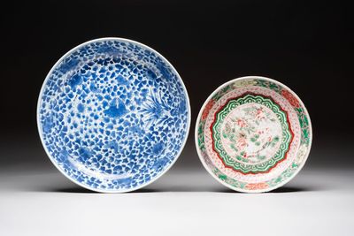 A Chinese blue and white 'floral' dish and a wucai 'floral' dish, Shunzhi/ Kangxi