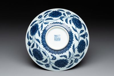 A Chinese blue and white 'flower scroll' bowl, Qianlong mark, 20th C.