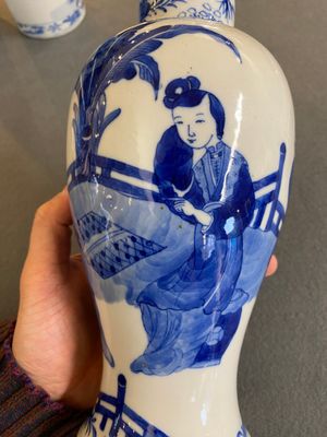 A Chinese blue and white garniture of five vases with ladies and boys, Kangxi mark, 19th C. — photo 12