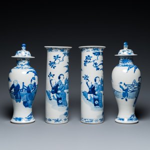 A Chinese blue and white garniture of five vases with ladies and boys, Kangxi mark, 19th C. — photo 2