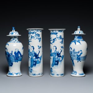 A Chinese blue and white garniture of five vases with ladies and boys, Kangxi mark, 19th C. — photo 4