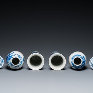 A Chinese blue and white garniture of five vases with ladies and boys, Kangxi mark, 19th C. — photo 5