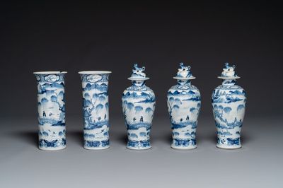 A Chinese blue and white garniture of five vases with landscape design, 19th C.