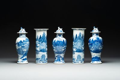 A Chinese blue and white garniture of five vases with river landscapes, 19th C.