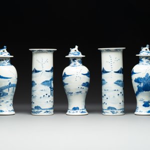 A Chinese blue and white garniture of five vases with river landscapes, 19th C. — photo 3