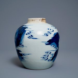 A Chinese blue and white ginger jar with figures in a landscape and a wooden cover, Transitional period — 照片 4
