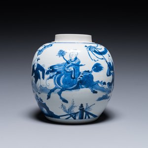 A Chinese blue and white ginger jar with playing boys with a qilin, Kangxi — 照片 1