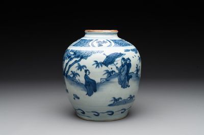 A Chinese blue and white globular vase with figures in a landscape, hare mark, Wanli
