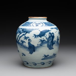 A Chinese blue and white globular vase with figures in a landscape, hare mark, Wanli — photo 1
