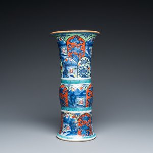 A Chinese blue and white 'gu' vase with European clobbered design, Kangxi — photo 1