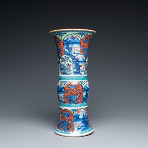 A Chinese blue and white 'gu' vase with European clobbered design, Kangxi — photo 2
