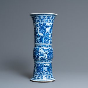 A Chinese blue and white 'gu' vase with floral and lanscape panels, Kangxi — photo 1